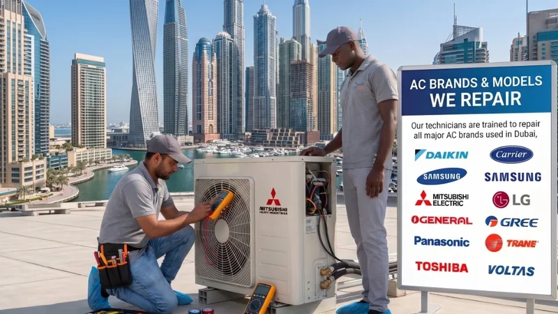 Certified technician repairing and replacing residential AC compressor in Dubai