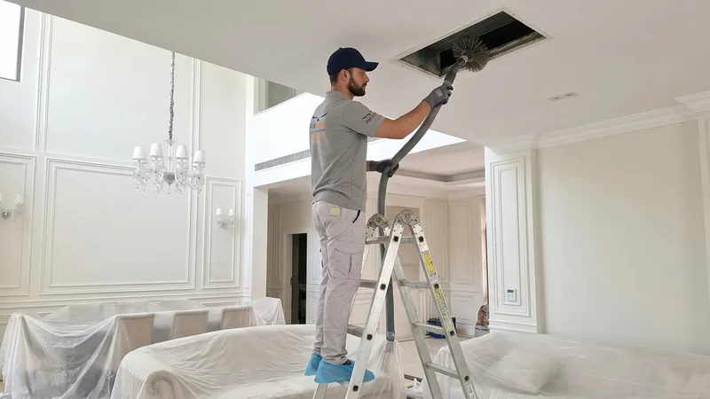 Professional technician performing NADCA air duct cleaning and vacuum sanitization in Dubai