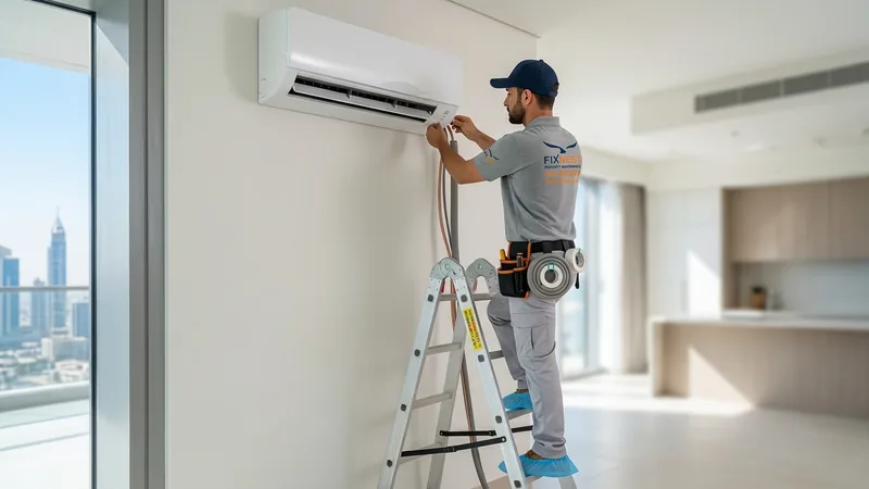 Certified HVAC engineers installing commercial central AC chiller and rooftop package unit in Dubai