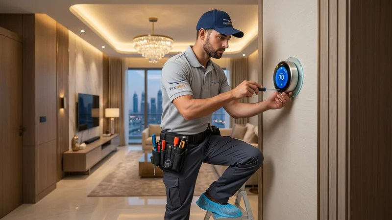 Certified FixNEST technician installing and testing Google Nest smart thermostat on Dubai villa wall